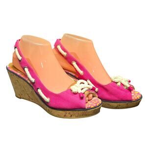 Sperry Top Sider Pink Slingback Rope Bow Wedge Heels Peep Toe Shoes Sandals